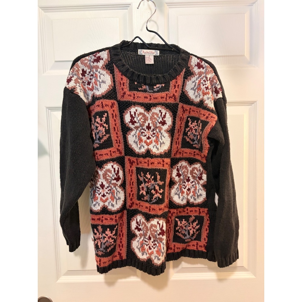 Rachel Max Vintage Floral Patchwork Knit Sweater Womens Medium Black Ramie